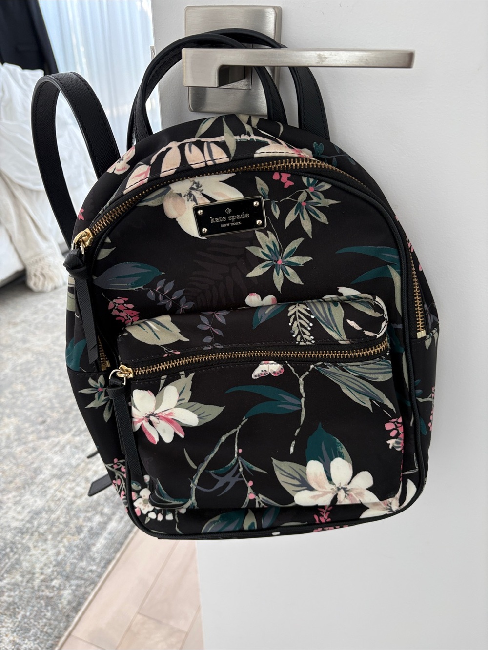 kate spade Black Floral Small Backpack with Gold Hardware